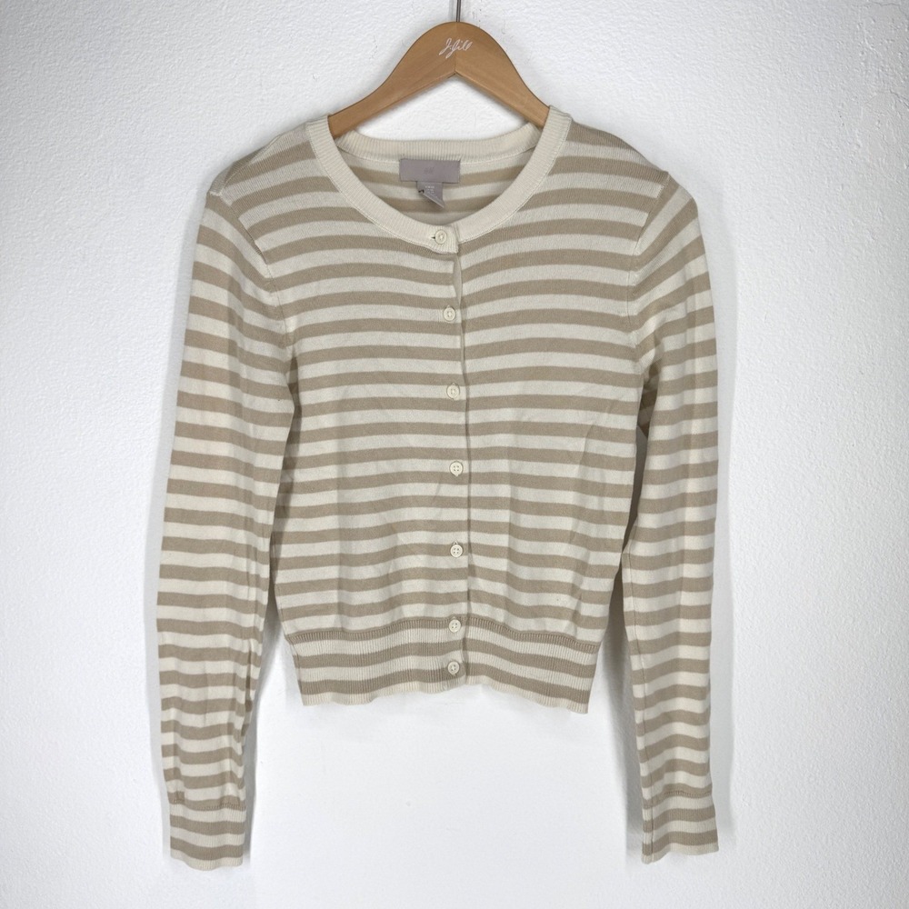 HM Womens Striped Button Crewneck Cardigan Sweater French Girl Coastal Preppy XS